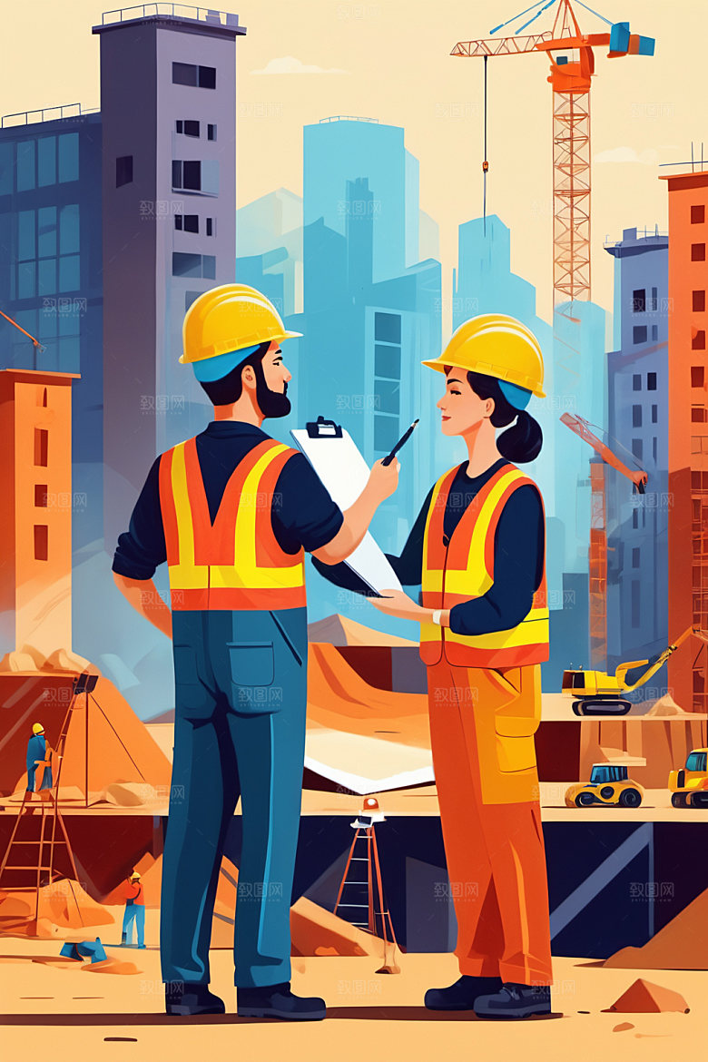 彩色工人建设建筑插画