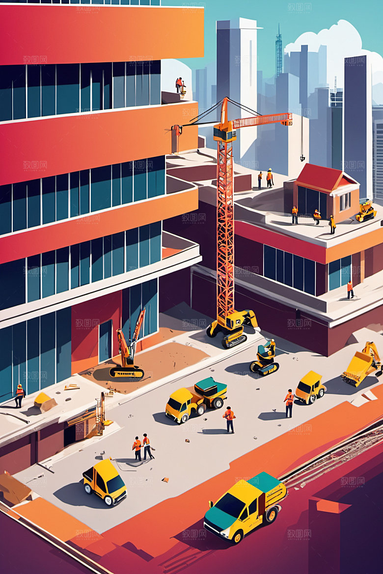 彩色工人建筑人物插画