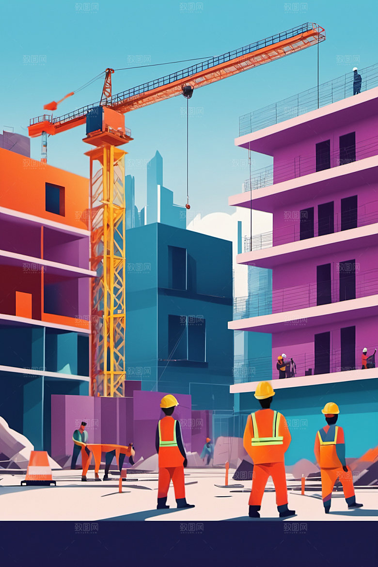 彩色工人建设工地插画