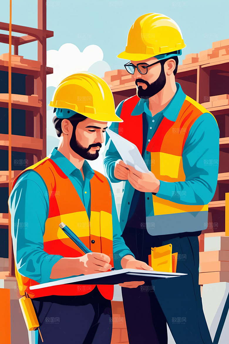彩色工人工地建设插画