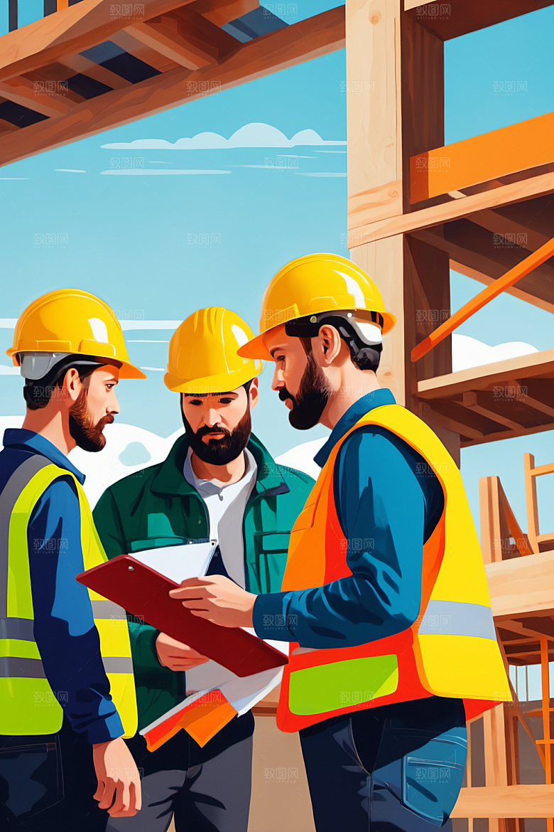 彩色工人建设建筑插画