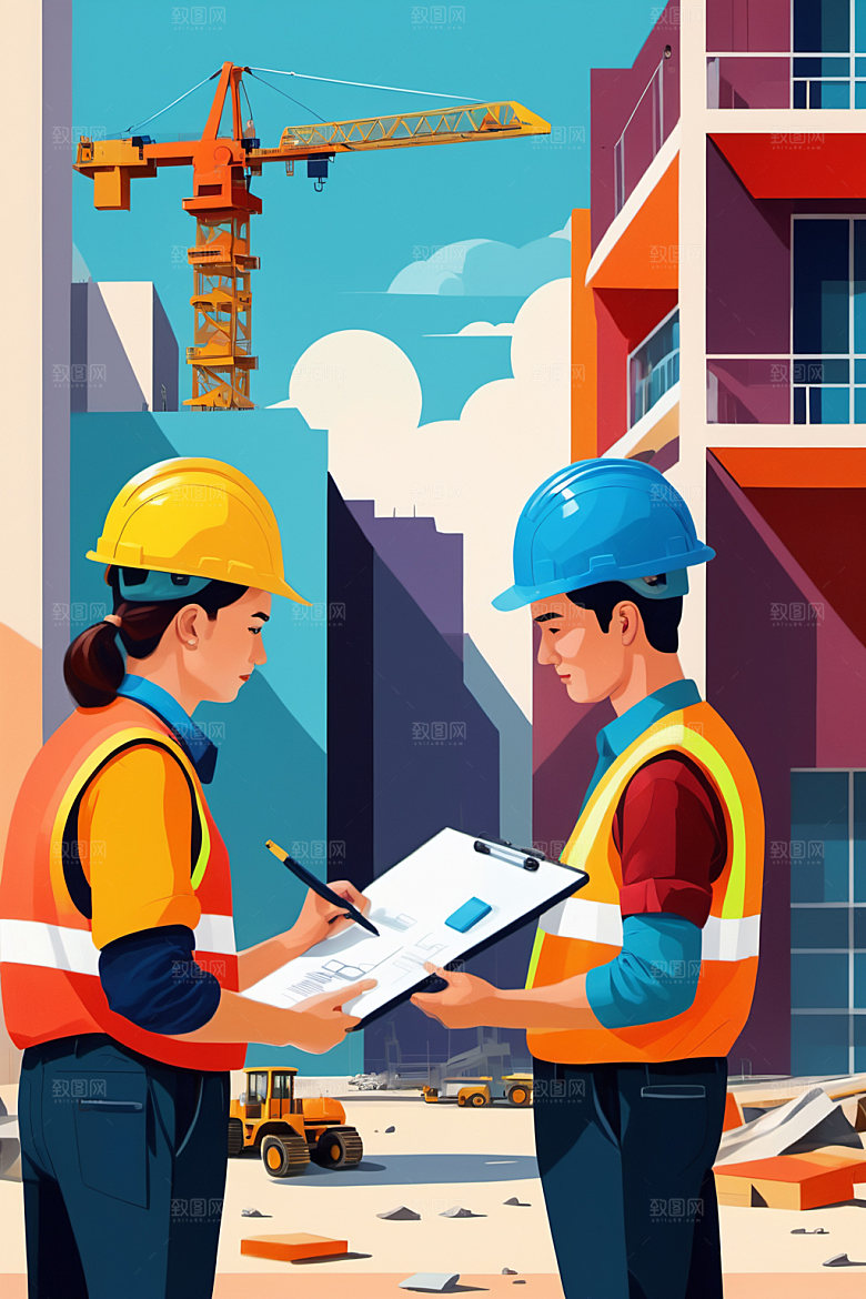 彩色工人建筑艺术插画