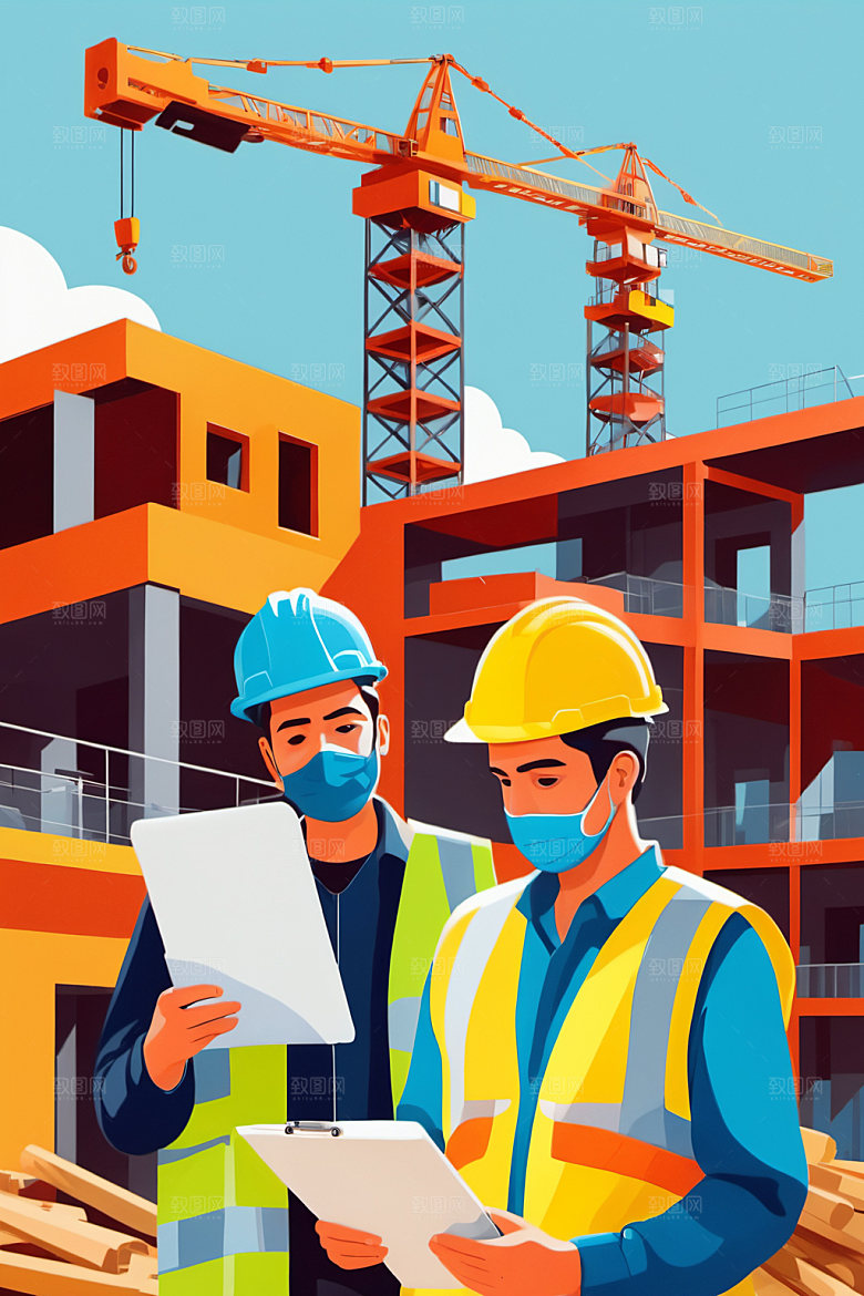 彩色工人建设工厂插画