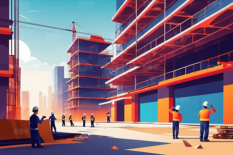 彩色工人建筑工厂插画