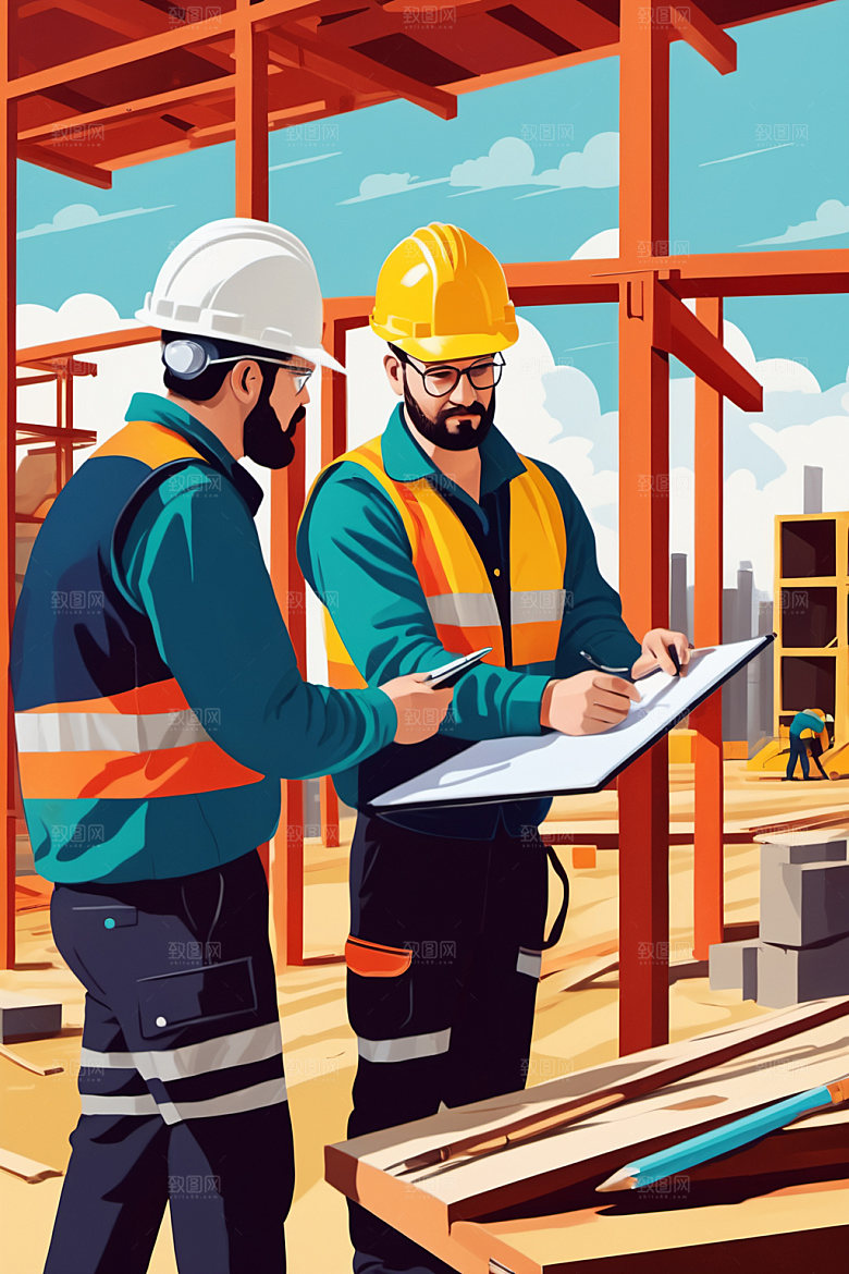 彩色工人建筑人物插画