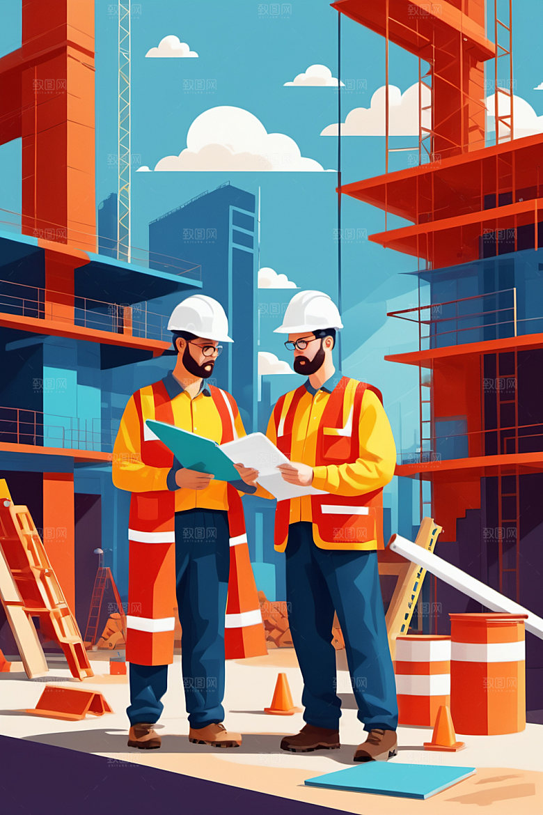 彩色工人建筑建设插画