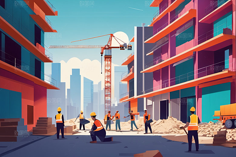 彩色工人建筑工地插画