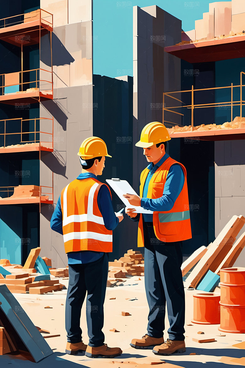 彩色工人建筑建设插画