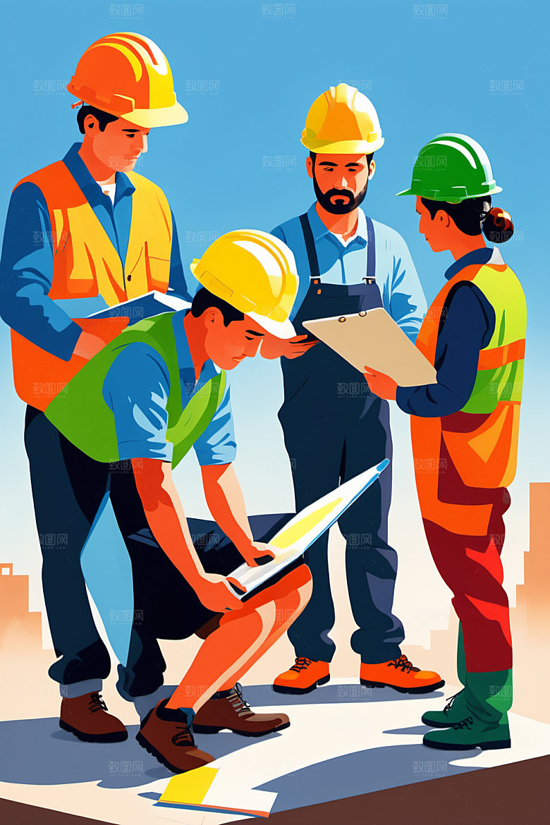 彩色工人人物建筑插画