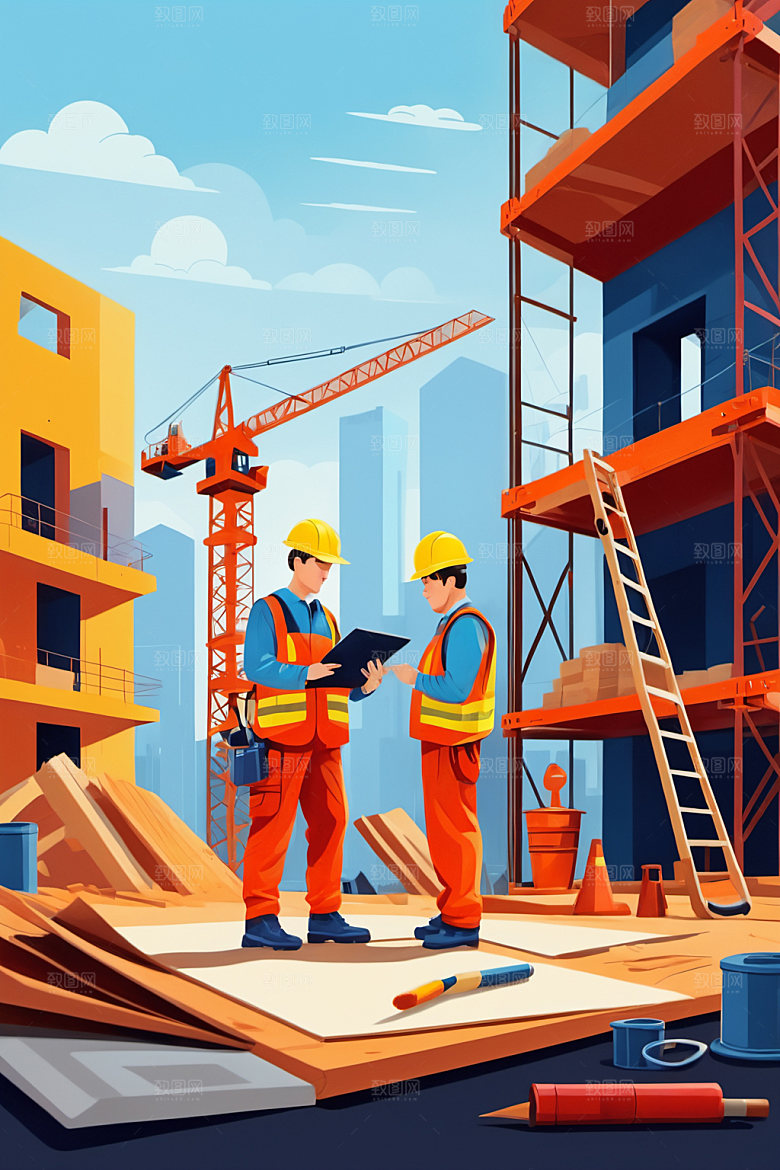 彩色工人工地建筑插画