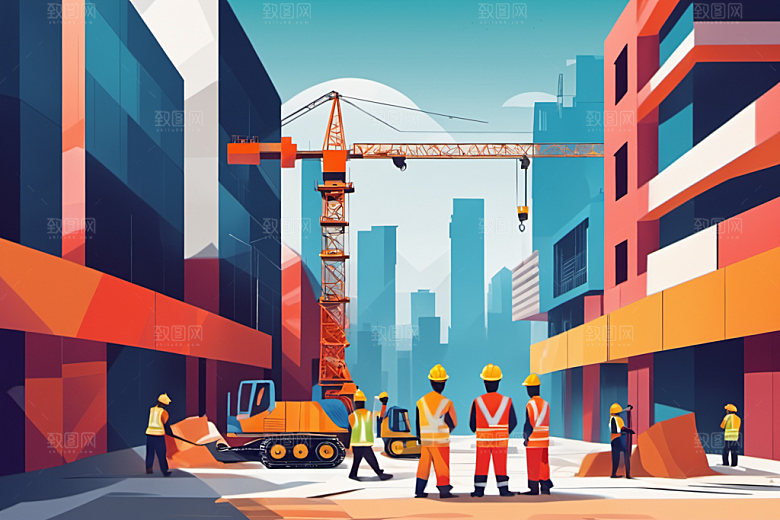 彩色工人工地建筑插画