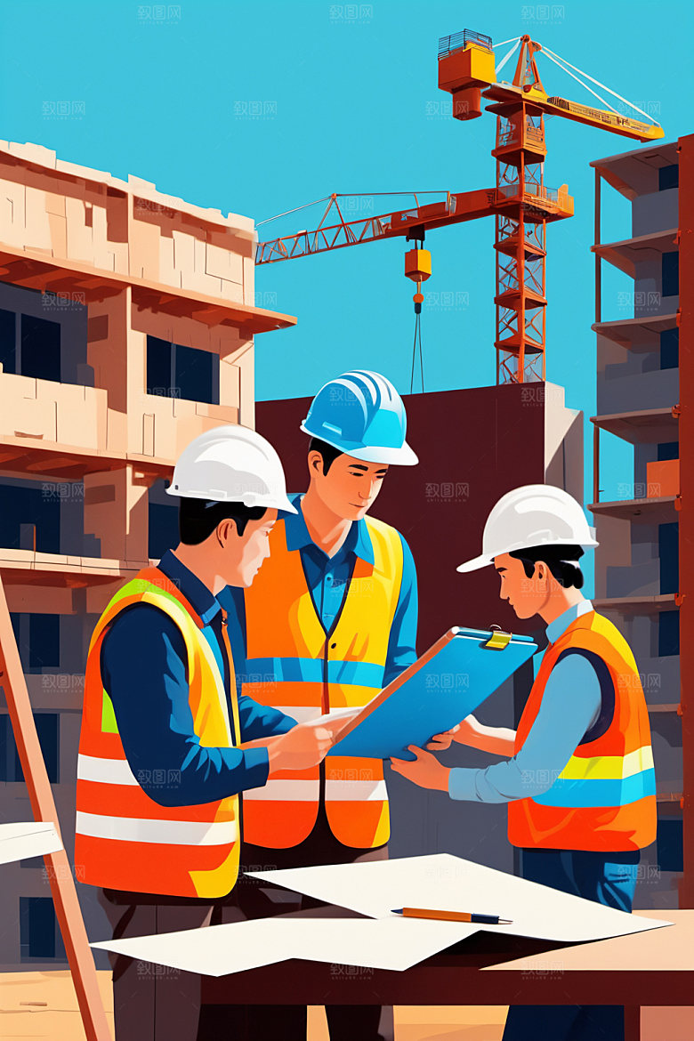 彩色工人建筑工地插画