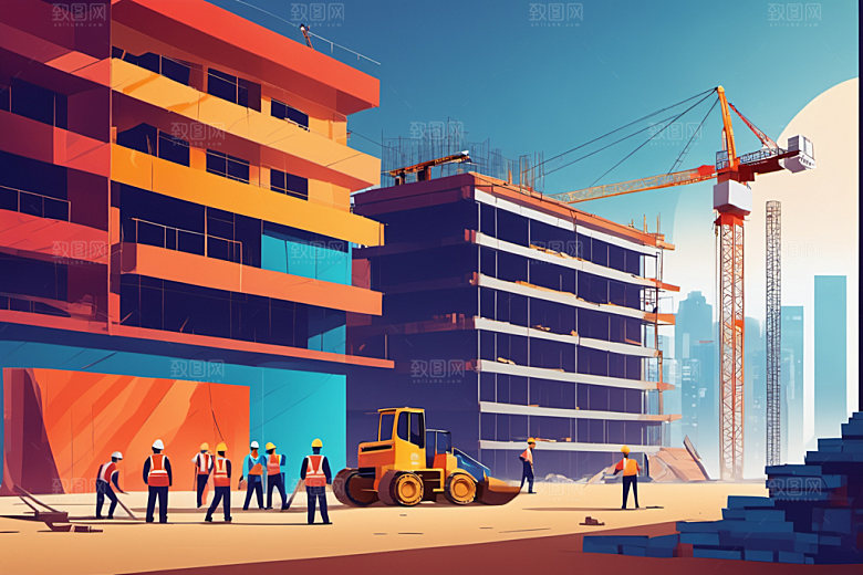彩色工人建筑艺术插画