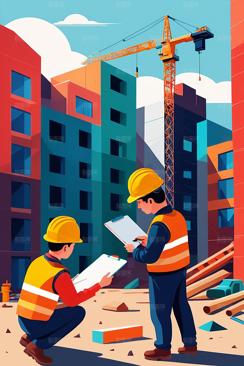 彩色工人建设建筑插画