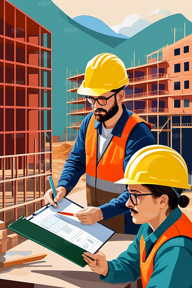 彩色工人工地建筑插画