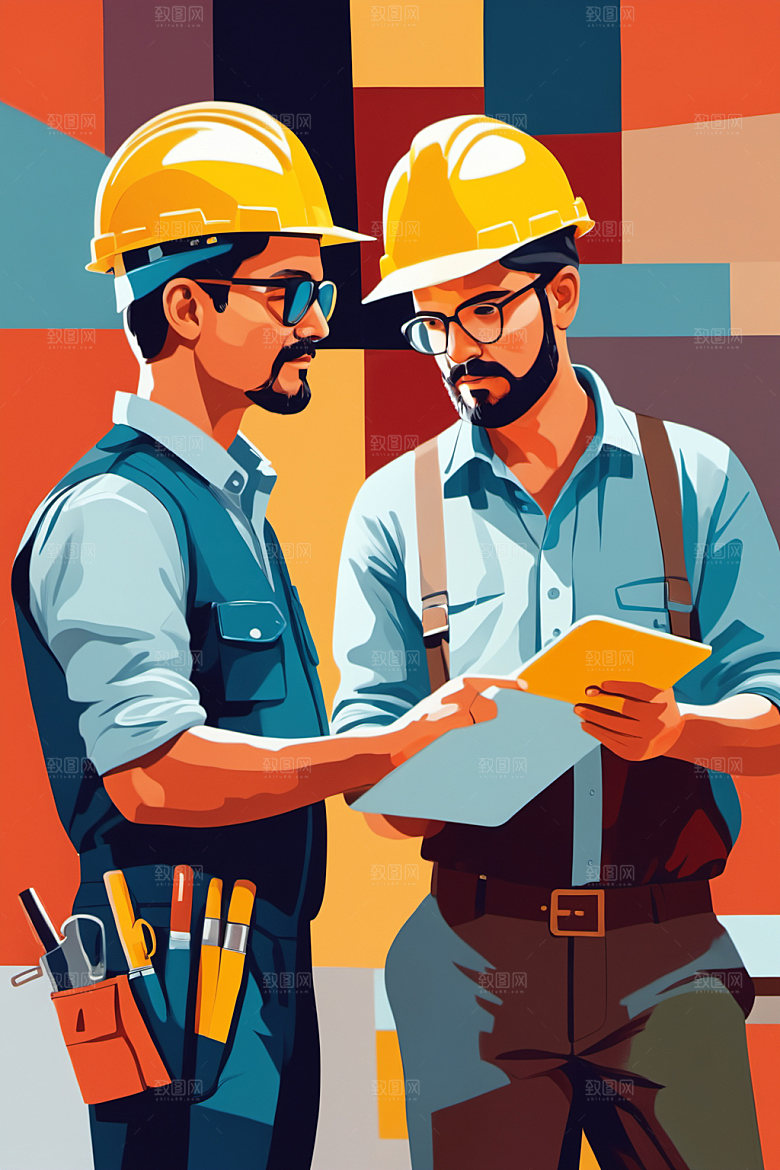 彩色工人建筑艺术插画