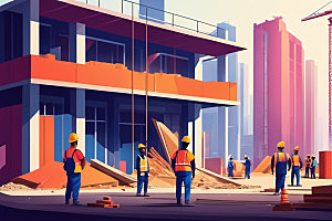 彩色工人建筑工厂插画