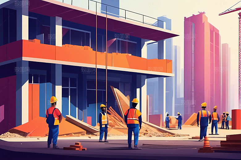 彩色工人建筑工厂插画