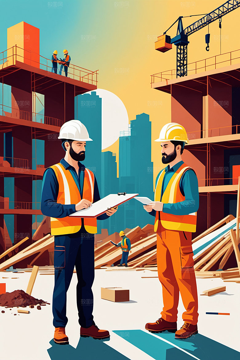 彩色工人建筑生产插画