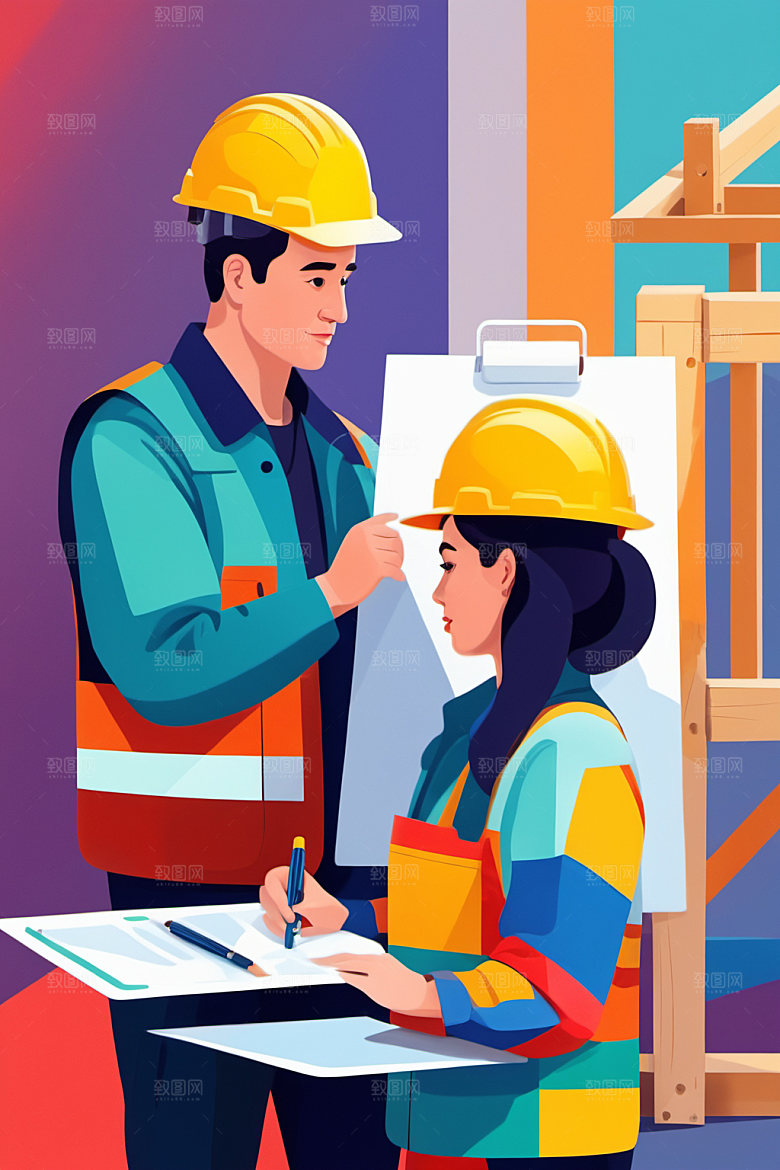 彩色工人生产人物插画