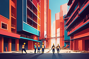 彩色工人建筑风格化插画
