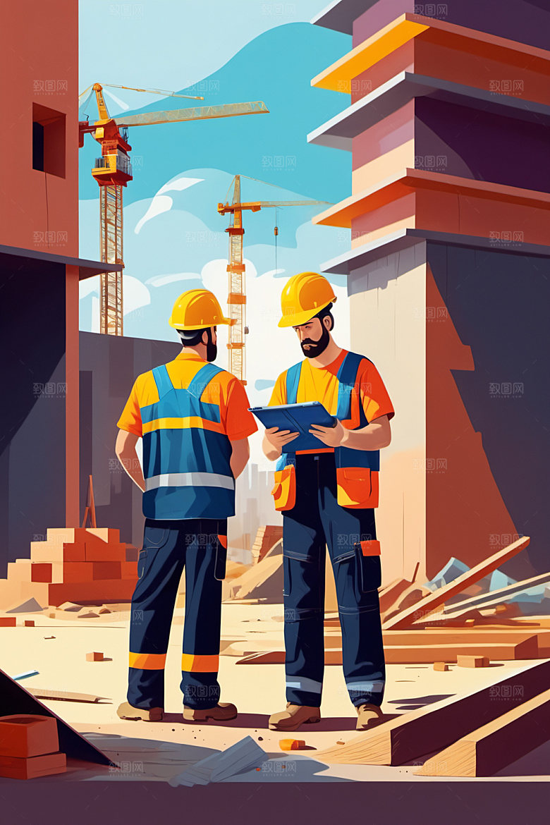 彩色工人建筑风格化插画