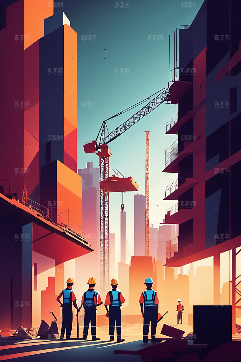 彩色工人建设建筑插画