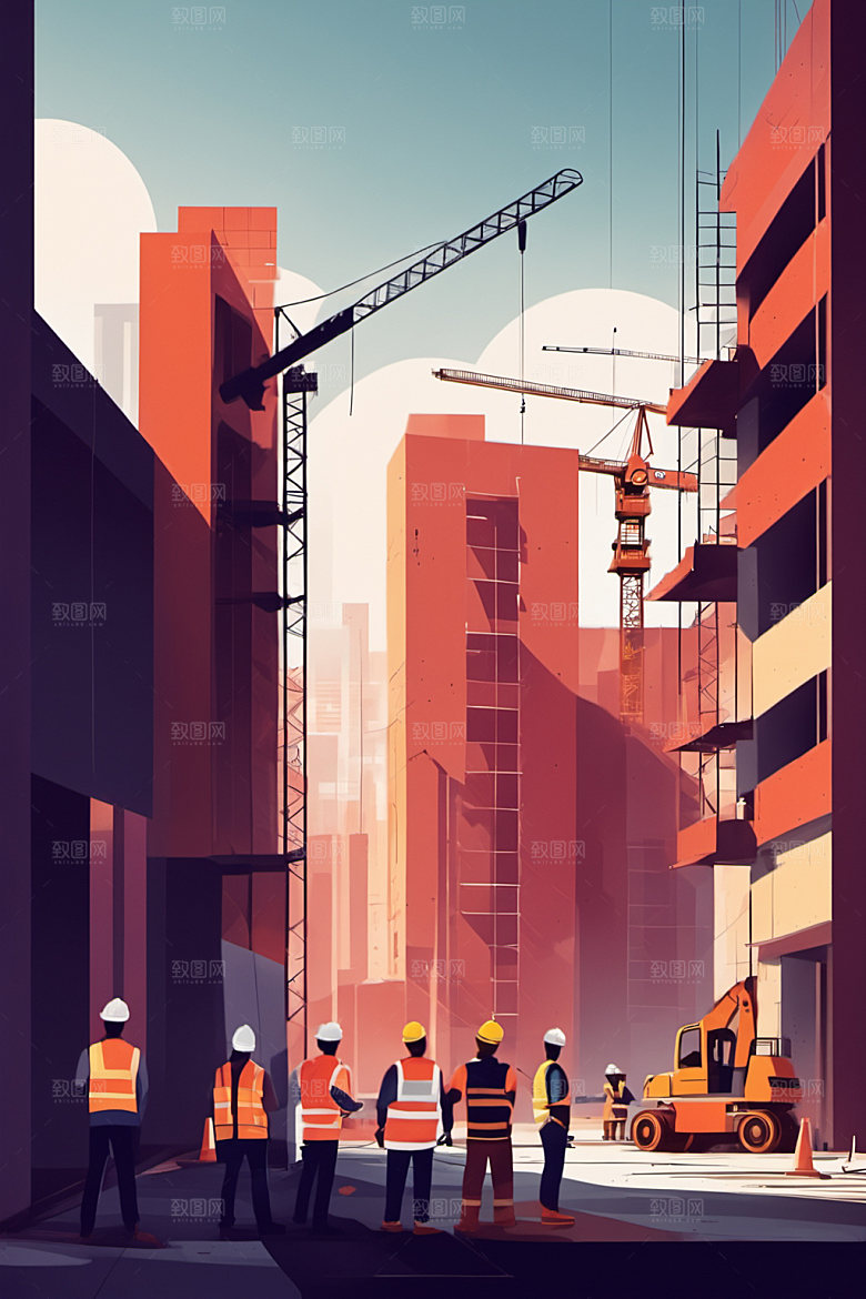 彩色工人建筑涂鸦插画