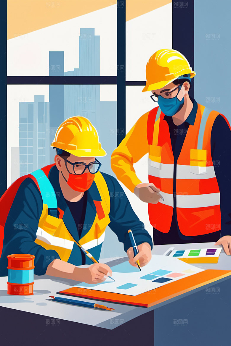 彩色工人风格化建筑插画