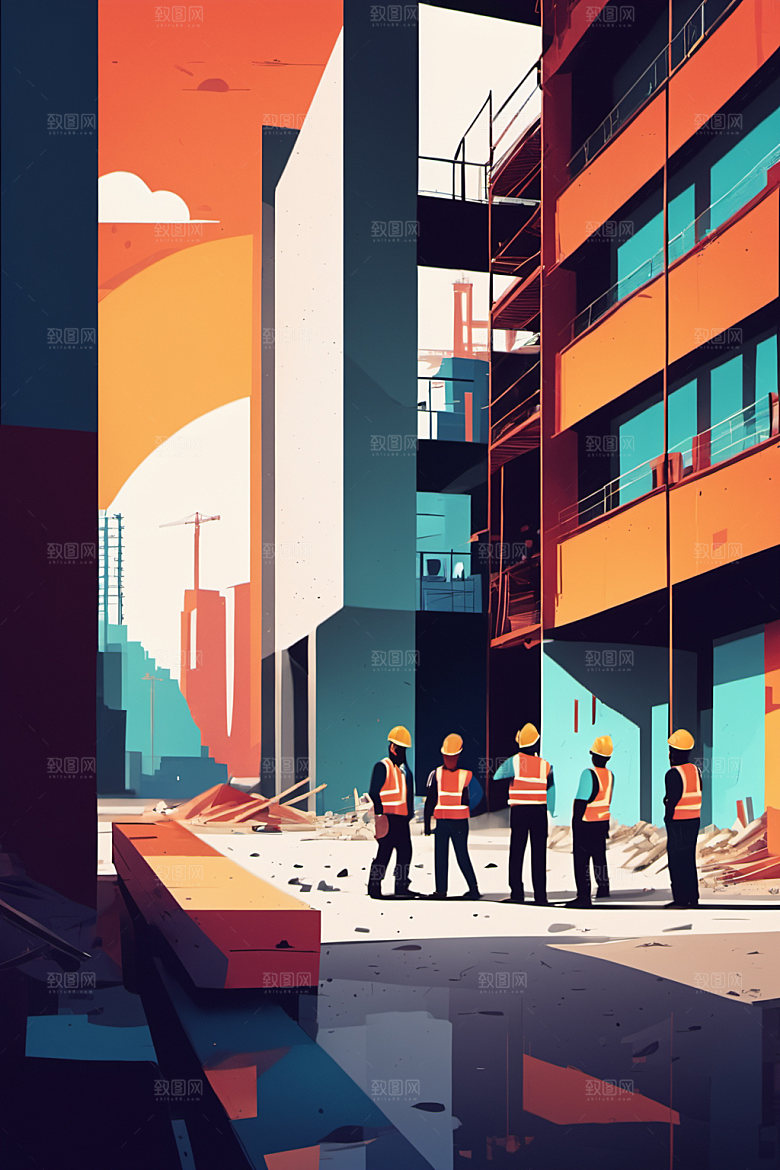 彩色工人工地建设插画