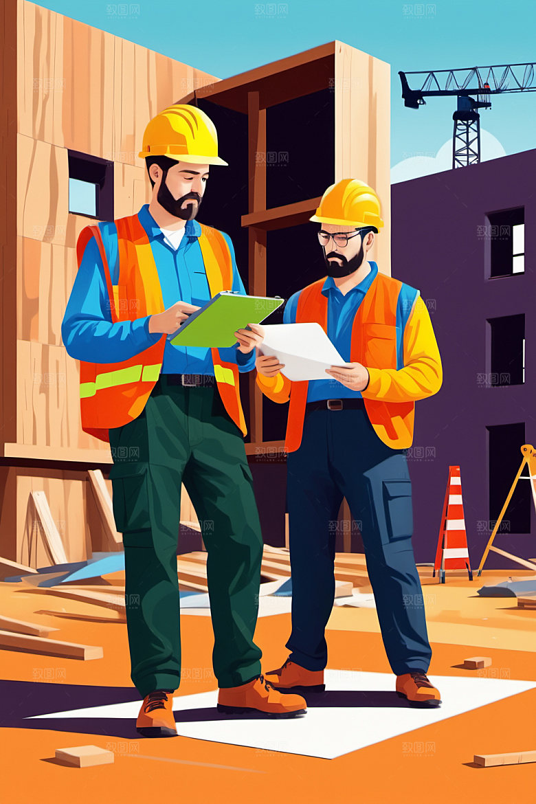 彩色工人建设生产插画