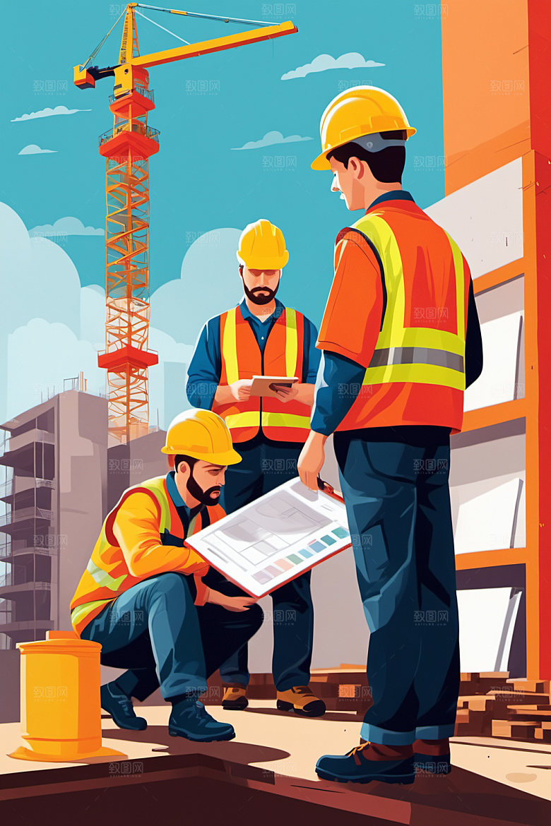 彩色工人工厂建筑插画