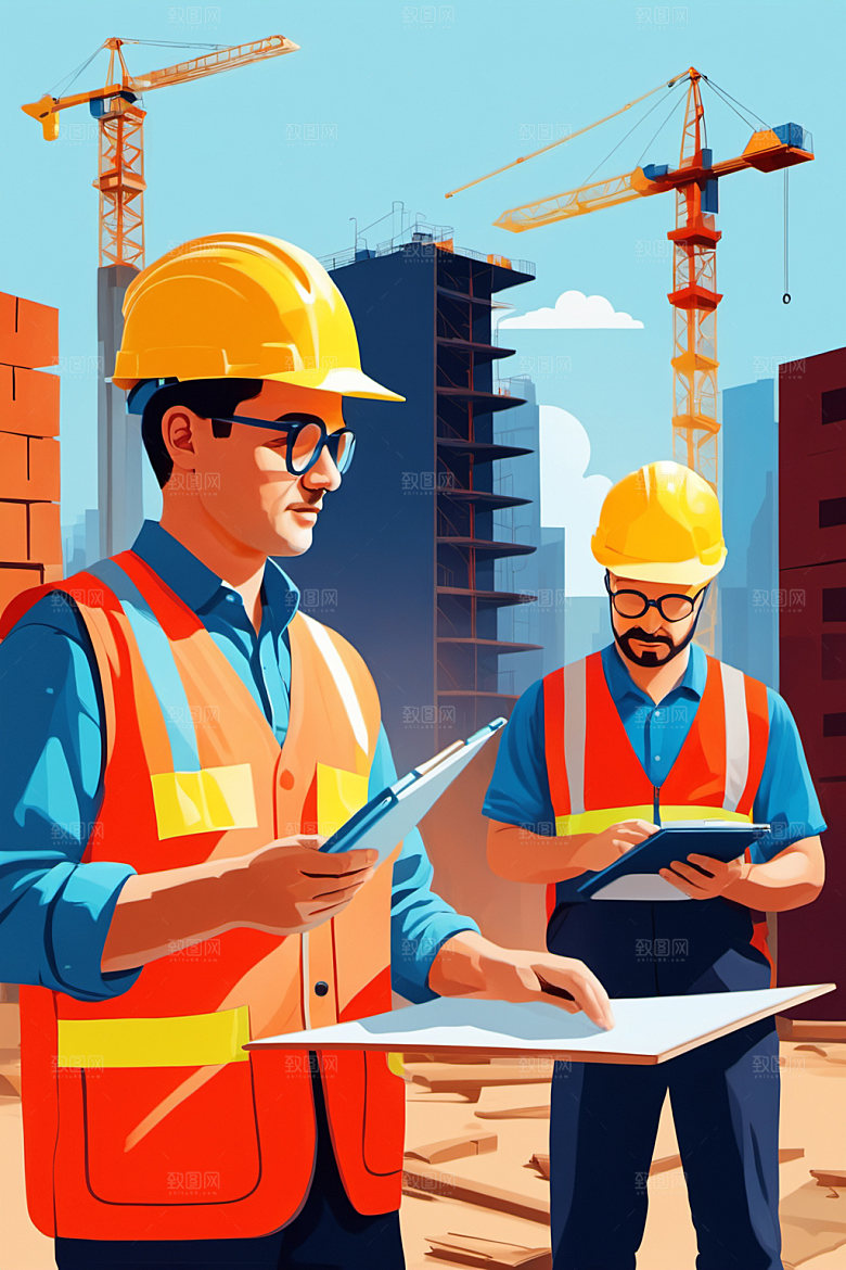 彩色工人风格化建筑插画