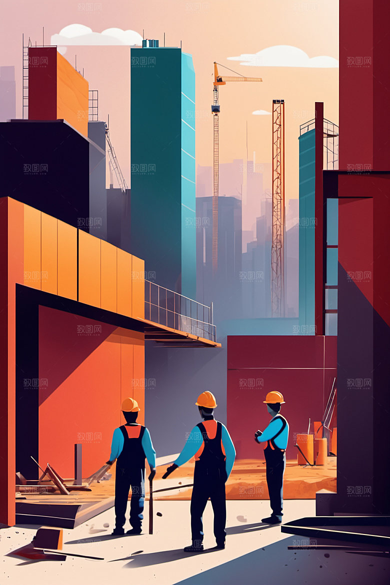 彩色工人工厂建筑插画