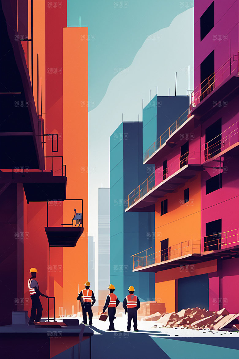彩色工人人物建筑插画