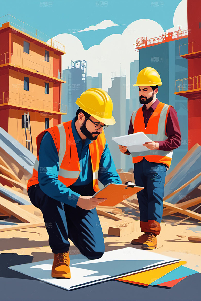 彩色工人建筑风格化插画