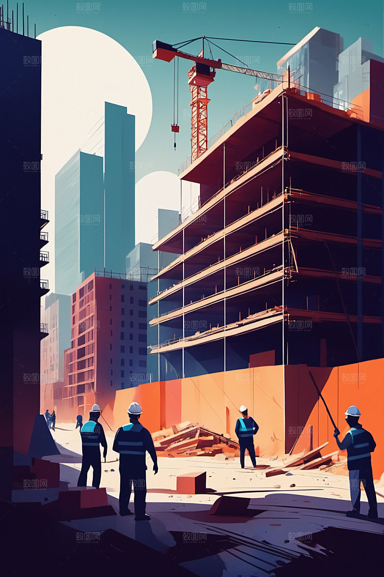 彩色工人人物建筑插画