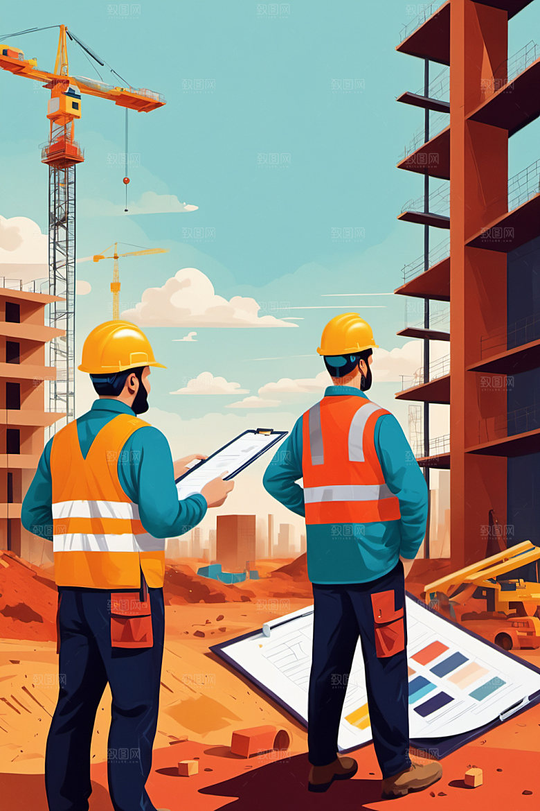 彩色工人人物建筑插画