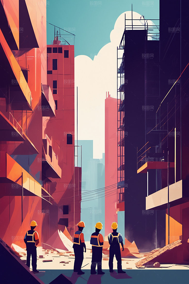 彩色工人工地生产插画
