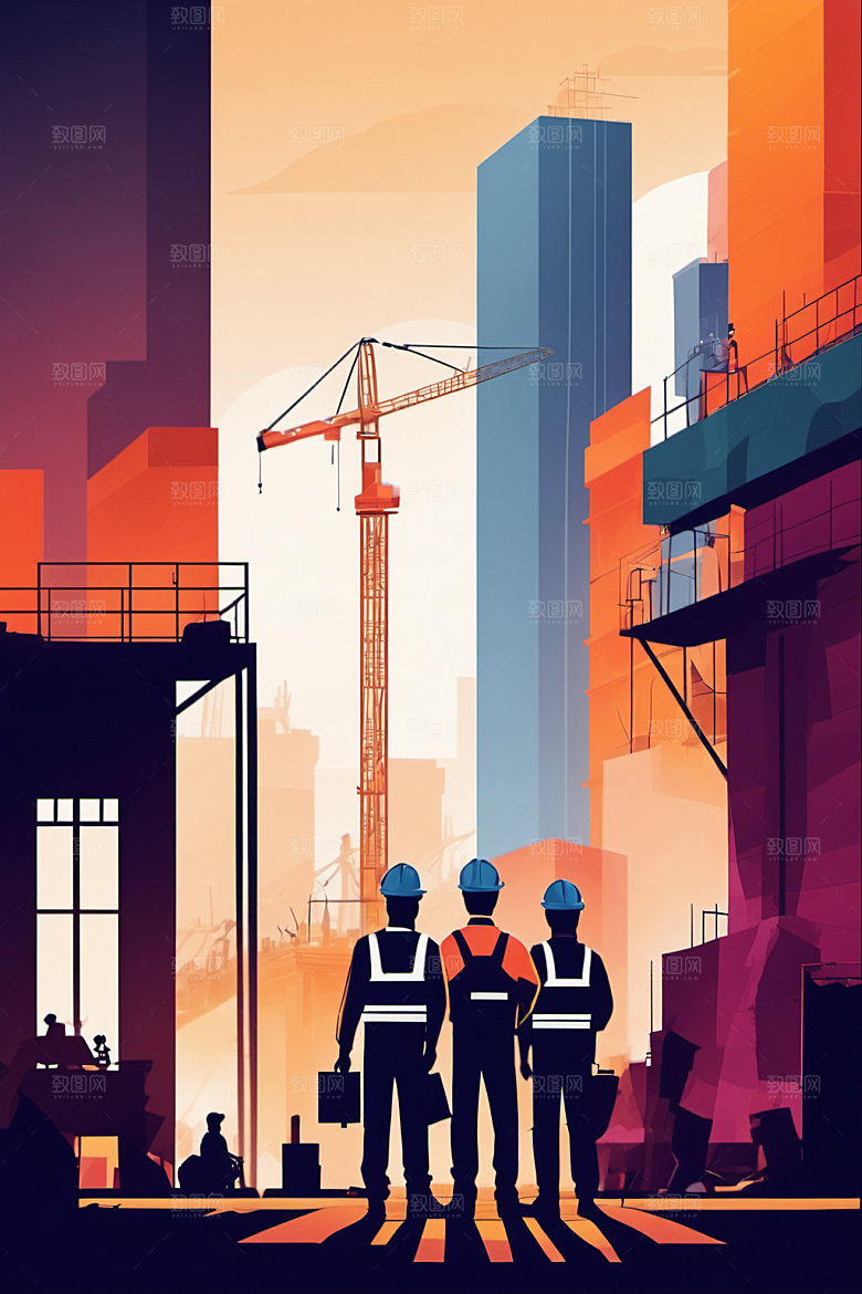 彩色工人建设生产插画