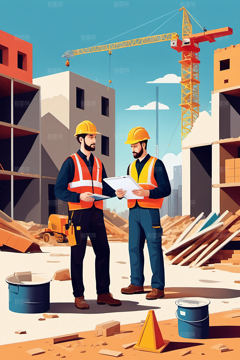 彩色工人工地建设插画