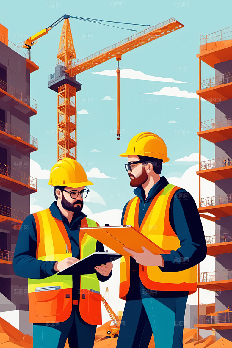 彩色工人风格化建设插画