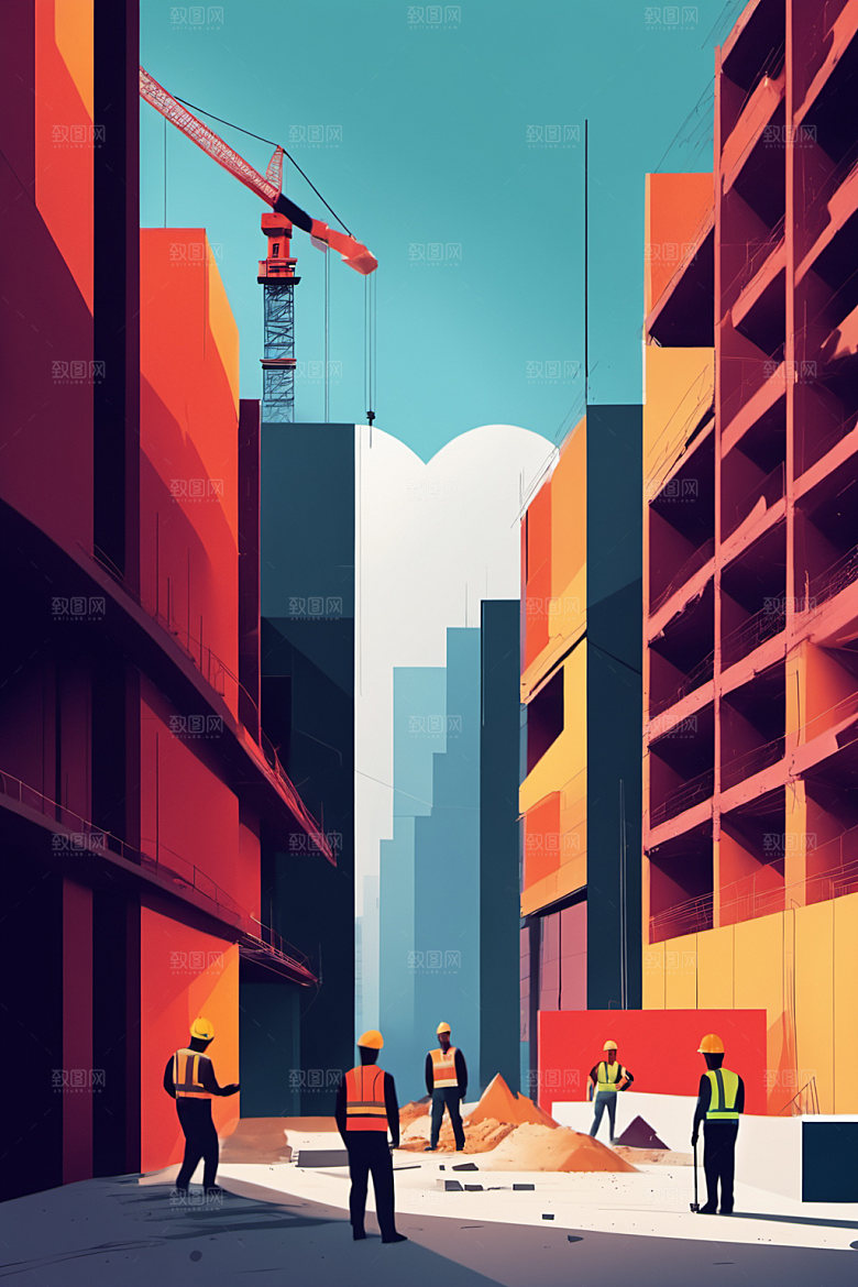彩色工人建筑工厂插画