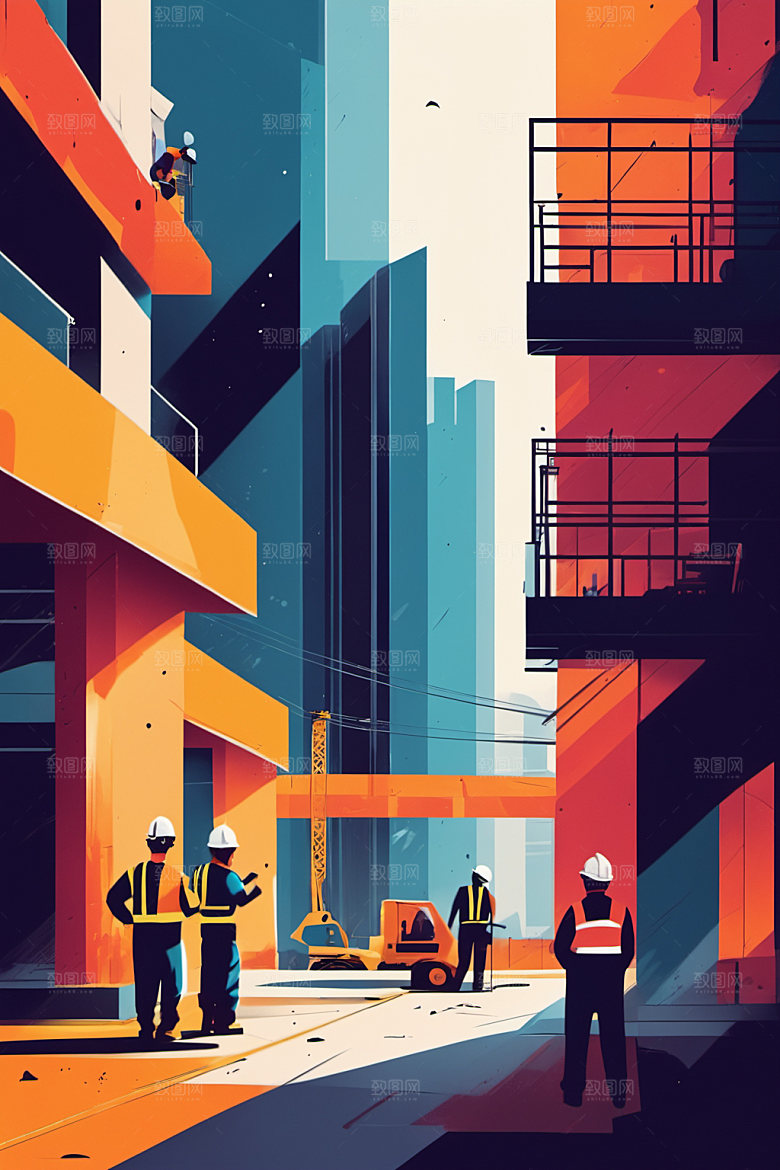 彩色工人风格化建设插画