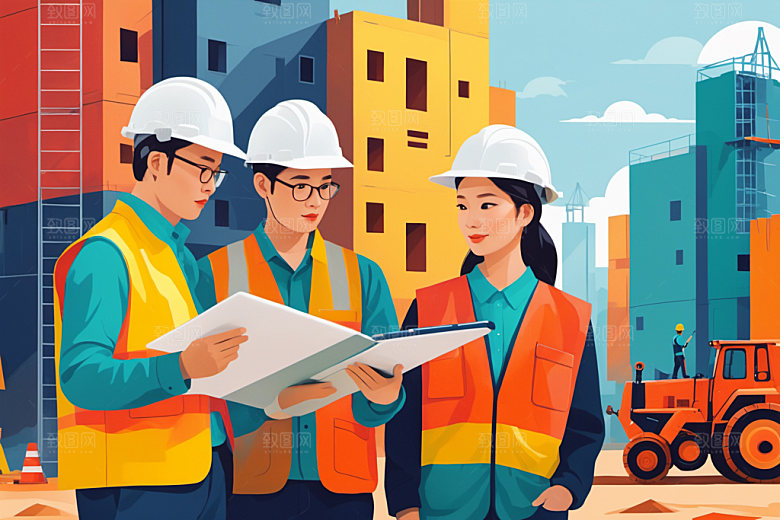 彩色工人风格化建筑插画