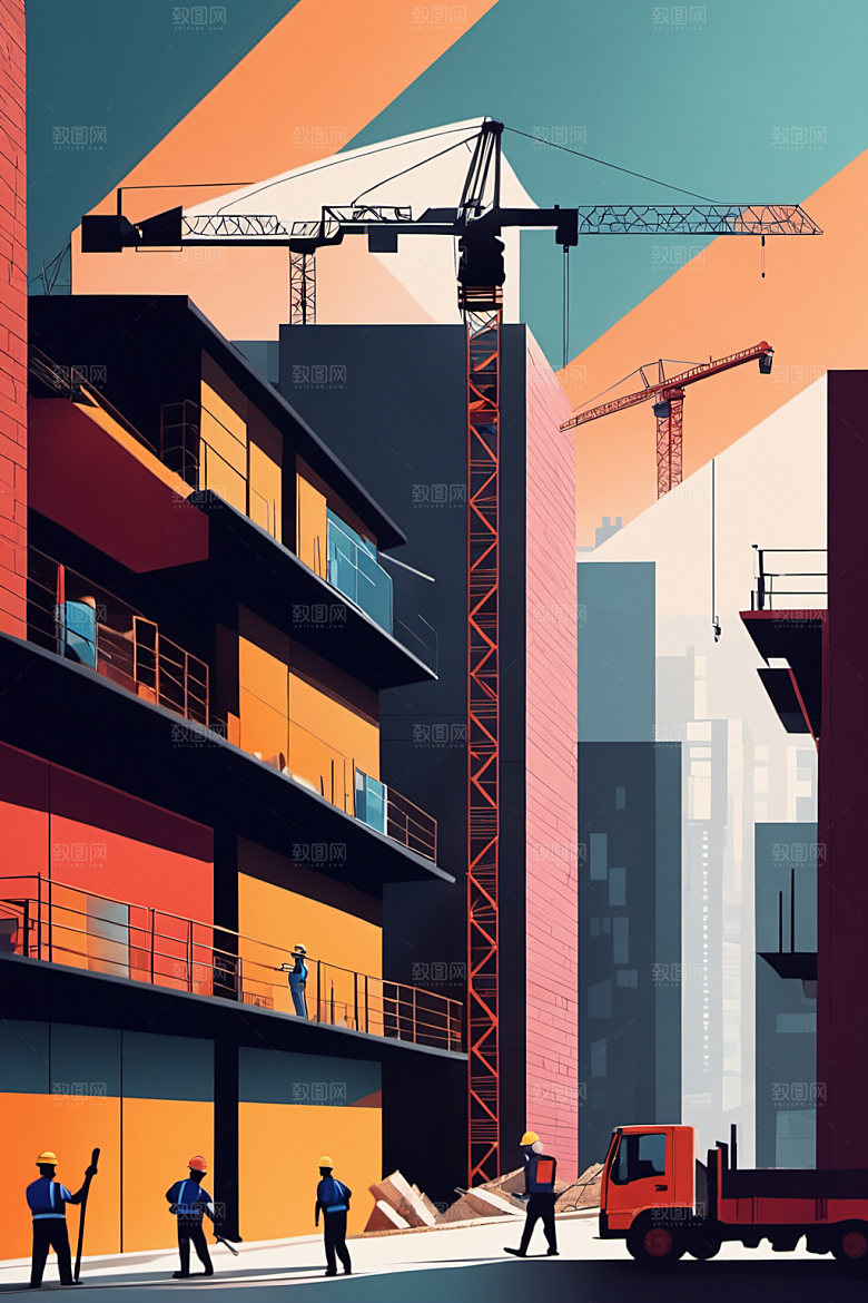 彩色工人风格化建设插画
