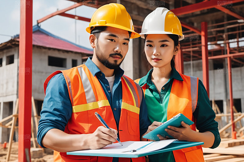 彩色工人建筑建设插画