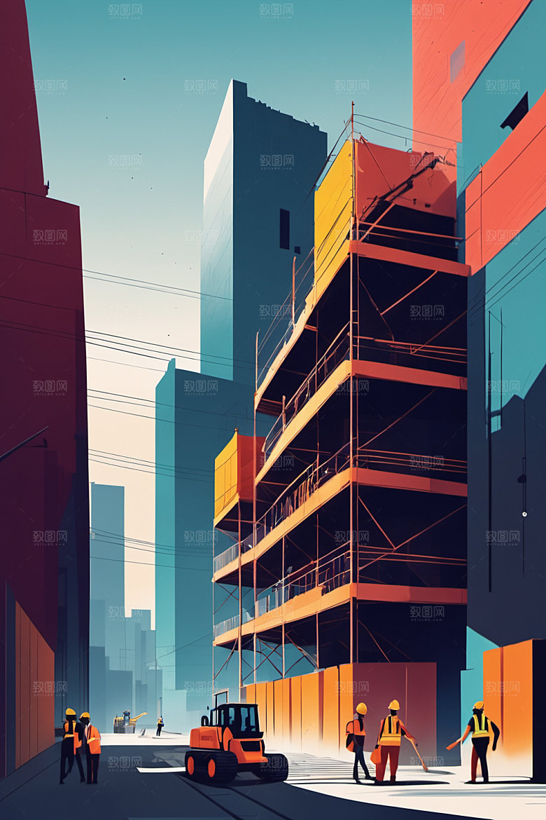 彩色工人建筑工地插画