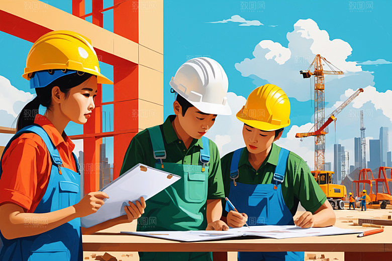 彩色工人涂鸦建设插画