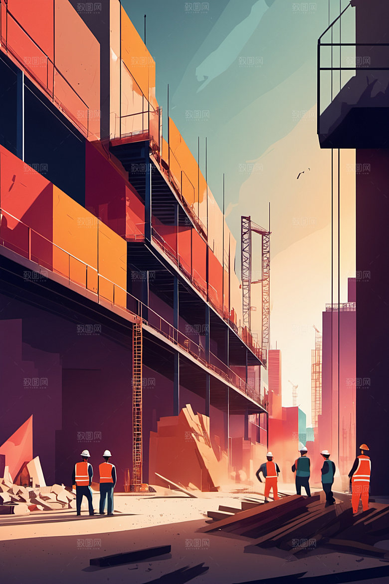 彩色工人风格化建设插画